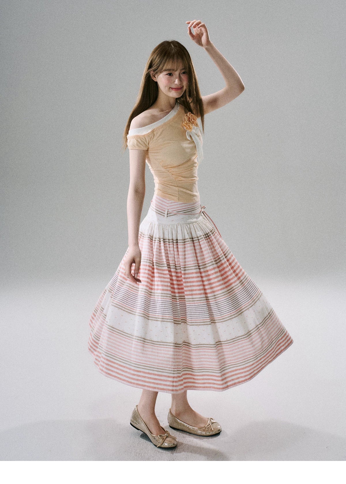LOST FOREST - Flower Belt Striped Midi Dress (Natural Hemp / Blue Stripe / Orange Stripe)
