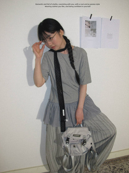 "Dot Veil" Polka Dot Mesh Panel T-Shirt (White / Gray)