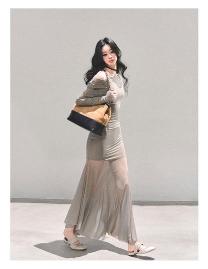 少也眼 "The Silent Heiress" Ash Camel Slim-Fit Evening Maxi Dress 76867845