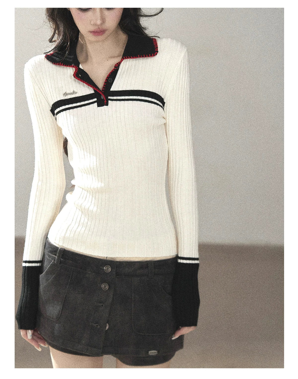 AOMALM - "Soft Moonlight" Cream Almond White American Long-Sleeve Polo Knit Top