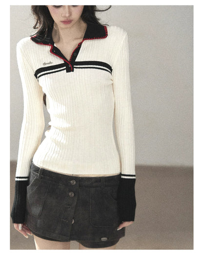 AOMALM - "Soft Moonlight" Cream Almond White American Long-Sleeve Polo Knit Top