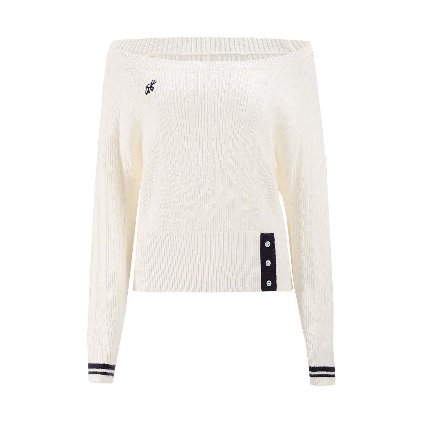 "Soft Muse" White Off-Shoulder Cable Knit Top