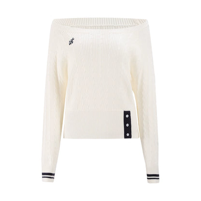 "Soft Muse" White Off-Shoulder Cable Knit Top
