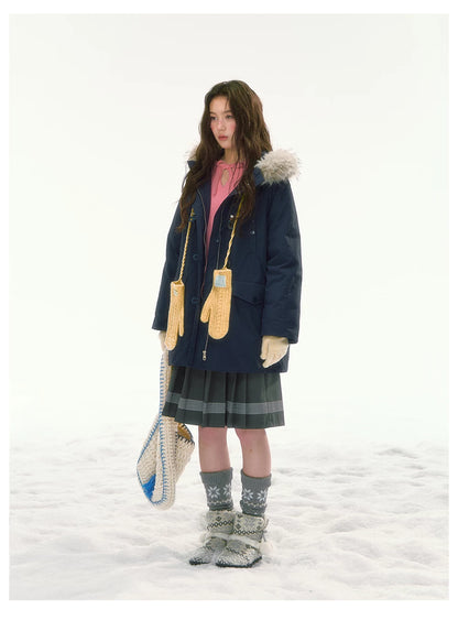 CANSTORE - "Voyage Day" Navy Blue Mid-Length Down Coat with Detachable Faux Fur Collar