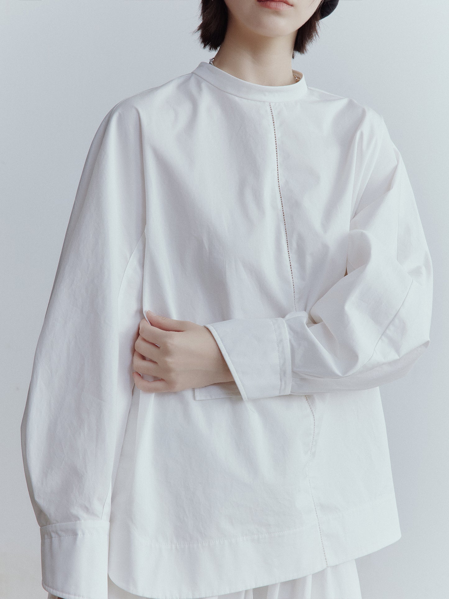 FUSSED Everyday Nerd Cotton Eyelet-Paneled Shirt in Mist White FOF-25SS136a