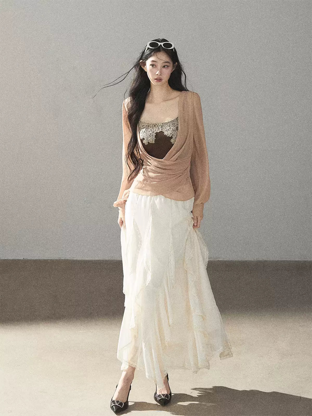AOMALM - Cinnamon Blush Ruched Wrap Chiffon Top with Lace Cami Set