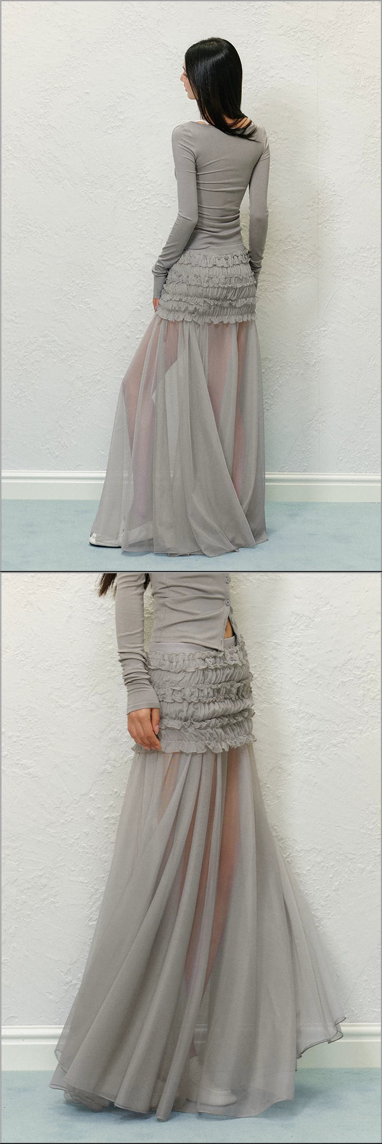 "Soft Horizon" Gray Mesh Panel Bodycon Maxi Skirt