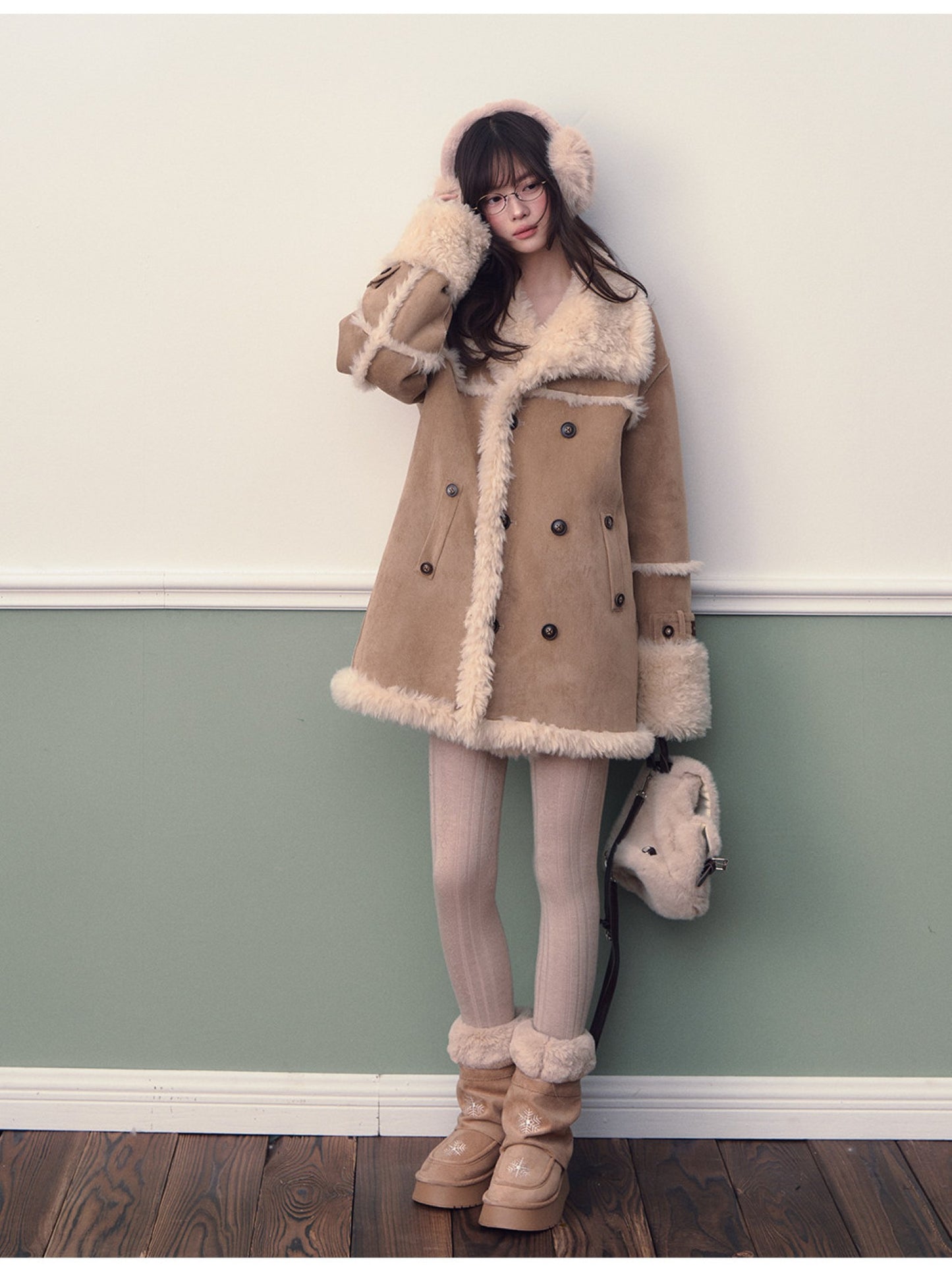 Soote Season - Oversized Korean-Style Faux Suede Shearling Collar Mid-Length Coat - Camel Brown