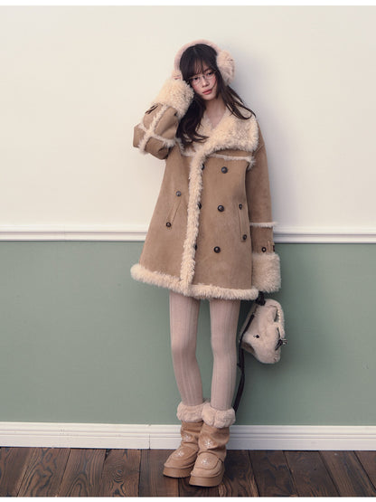 Soote Season - Oversized Korean-Style Faux Suede Shearling Collar Mid-Length Coat - Camel Brown