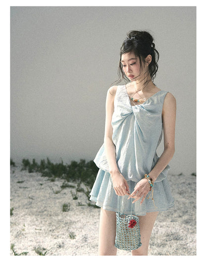 “Whispering Grass” Moonlight Blue Twist Mini Dress