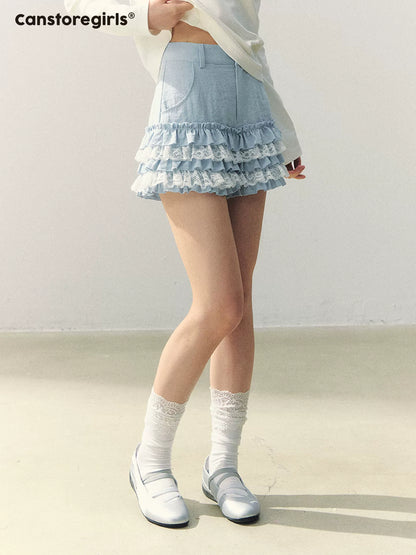 "Sea Salt Cream Mood" Lace Trim Cake Shorts LL2026029