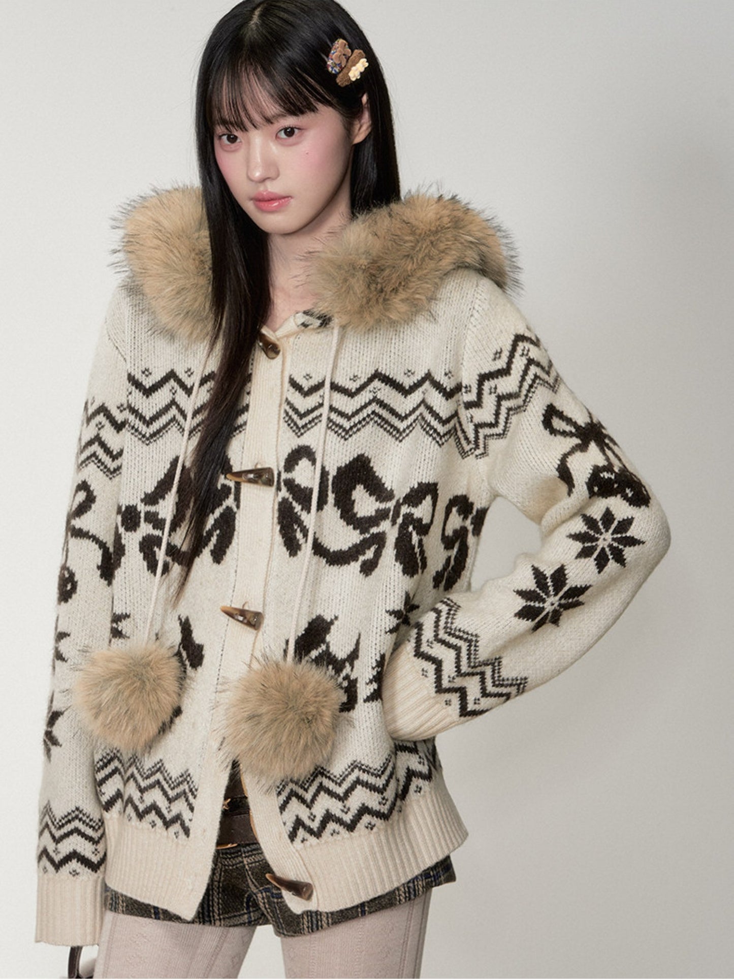 Soote Season - Fair Isle Cream Hooded Toggle Knit Jacket - Light Cream