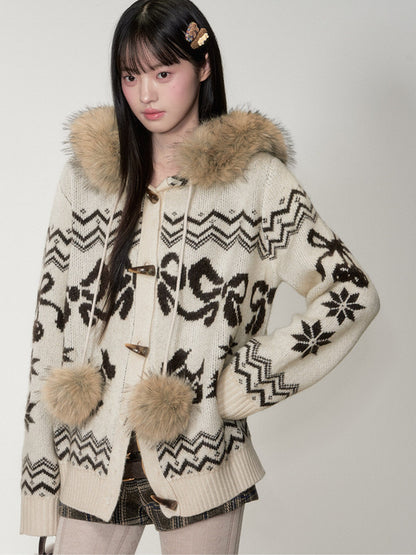 Soote Season - Fair Isle Cream Hooded Toggle Knit Jacket - Light Cream