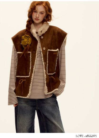 ASGONY - Brown Reversible Suede Faux Shearling Drawstring Vest