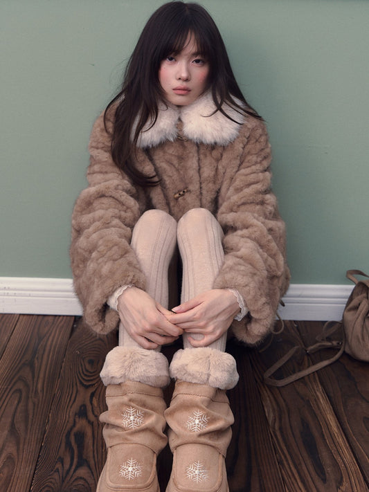 Soote Season - Almond Brown Faux Fur Contrast Collar Cropped Jacket