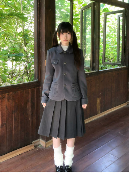 "Grey Finch" Gray Korean Preppy Suit Collection (Blazer / T-Shirt / Box Pleated Skirt)