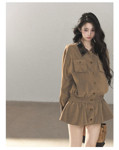 AOMALM - Gray-Brown PU Jacket and High-Waisted Shorts Set