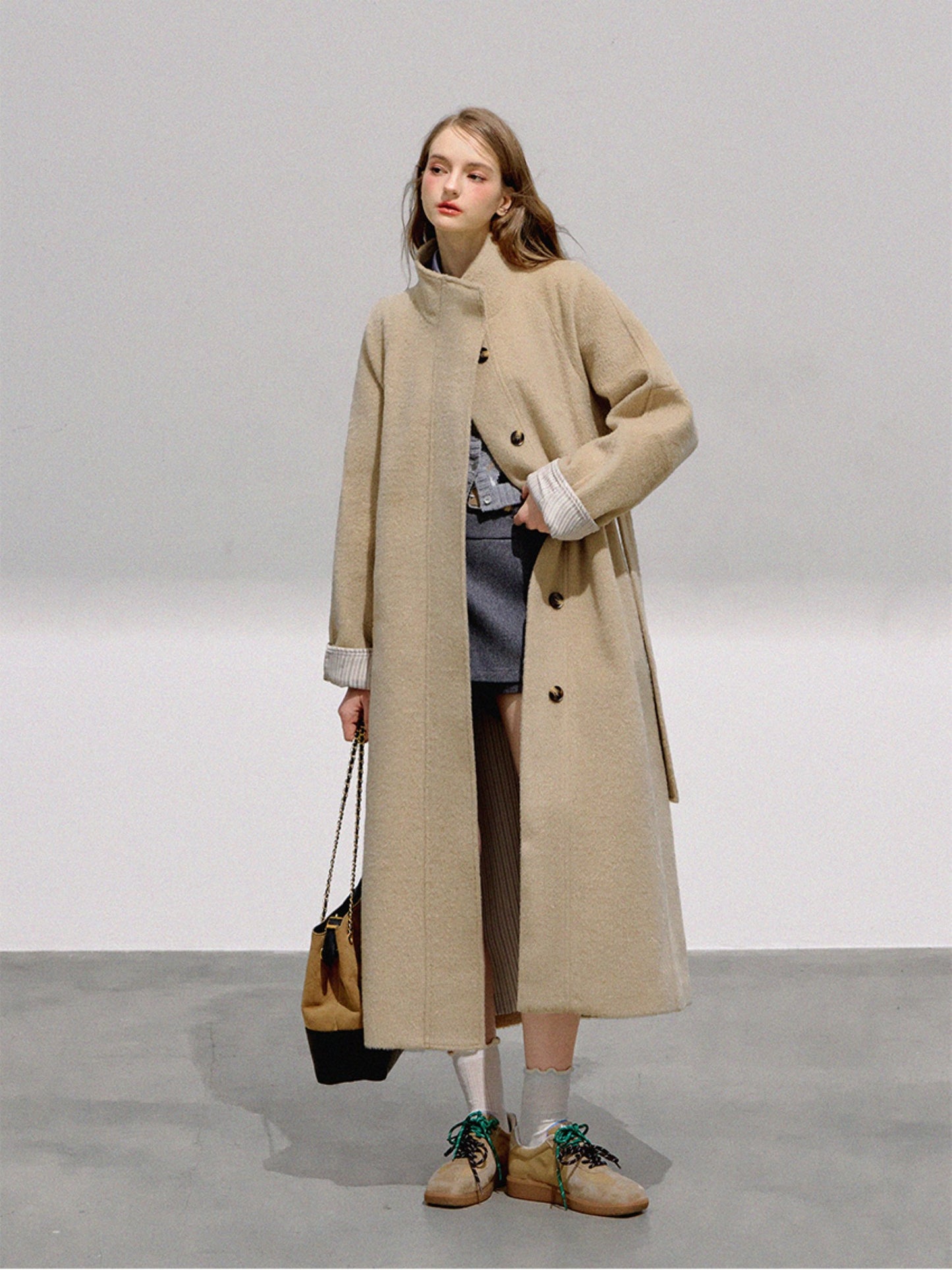 BOHOL BLING - Vintage Preppy Khaki Wool Blend Long Coat