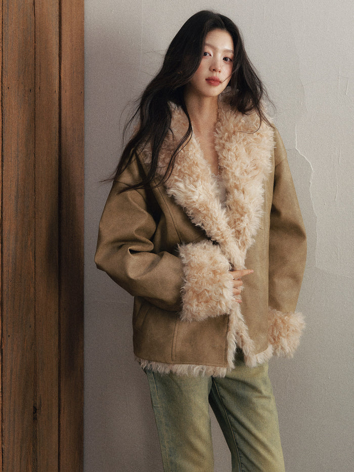 1P - Light Brown Faux-Leather Jacket with Curly Faux-Fur Collar