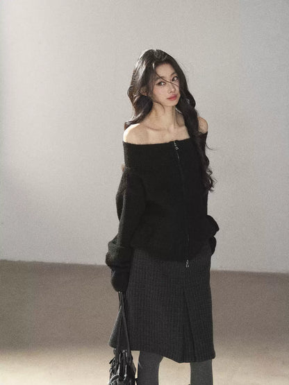 AOMALM - Quiet Black Wool-Blend Cropped Knit Jacket