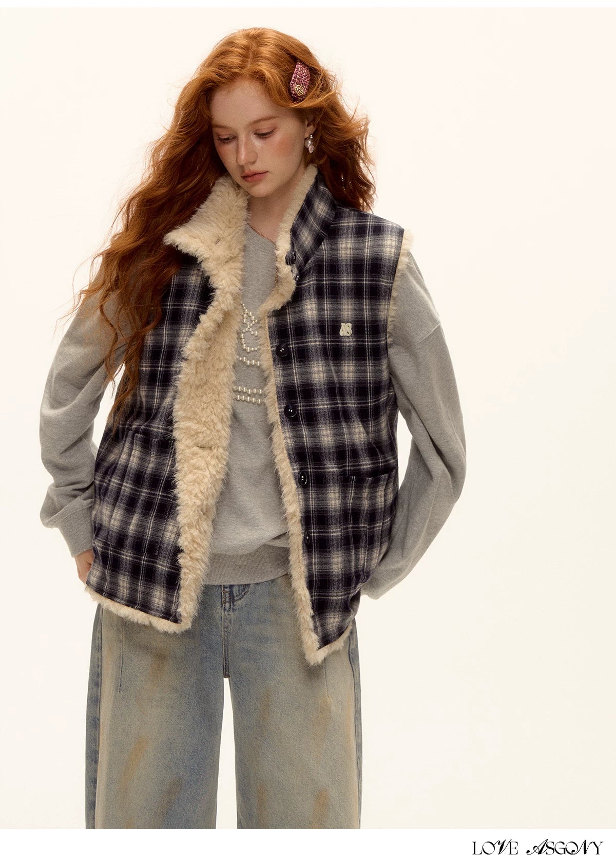 ASGONY - Reversible Plaid & Faux Fur Stand-Collar Vest