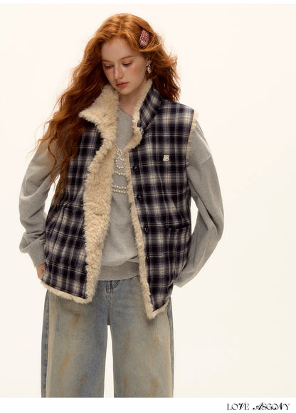 ASGONY - Reversible Plaid & Faux Fur Stand-Collar Vest