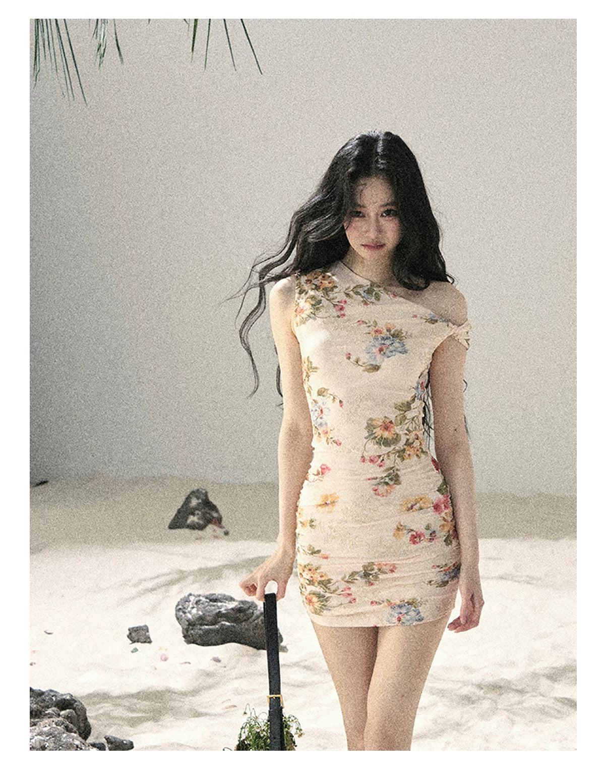 "Waiting for Blossoms" Dutch Cream Floral Ruched Mini Dress 43236