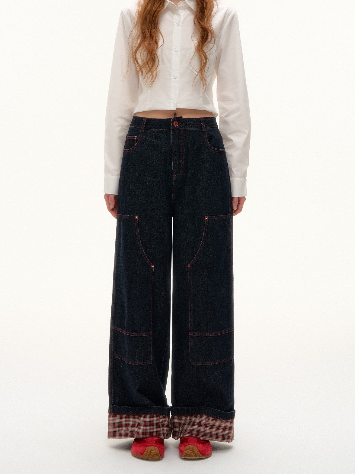 ASGONY - Plaid Cuff Contrast Wide-Leg Raw Denim Jeans (Red Plaid)