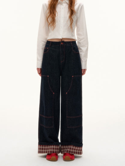 ASGONY - Plaid Cuff Contrast Wide-Leg Raw Denim Jeans (Red Plaid)
