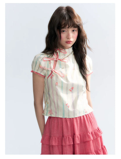 "Peach Blossom" Beige Floral Print Mandarin Collar Blouse