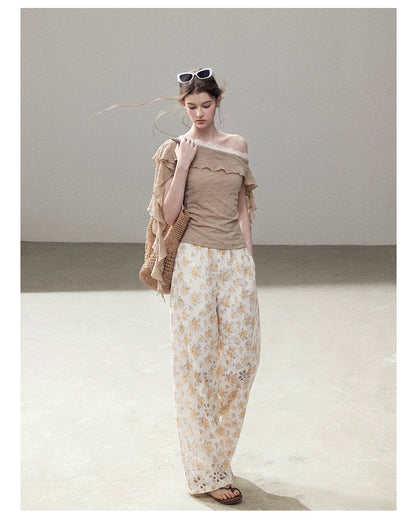 AOMALM - "A Cloud in Bloom" Primrose Yellow Floral Embroidered Lace Wide-Leg Pants