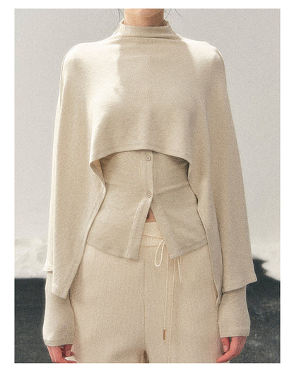 少也眼 "Moss Whisper" Ivory Two-Tone Shawl T-Shirt Two-Piece Set