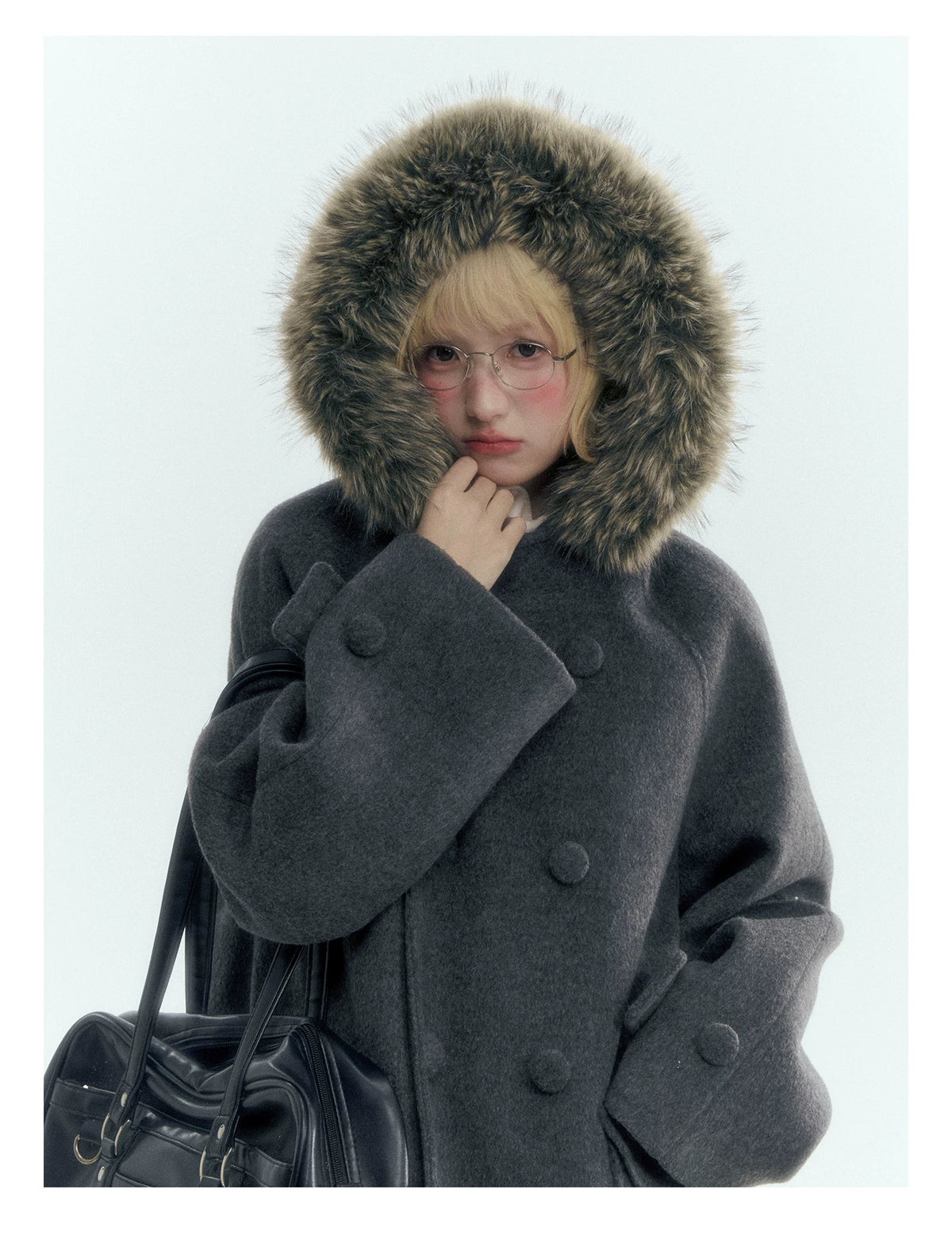 Japanese Hooded Double-Breasted Wool Coat (Deep Charcoal Gray / Taro Purple)