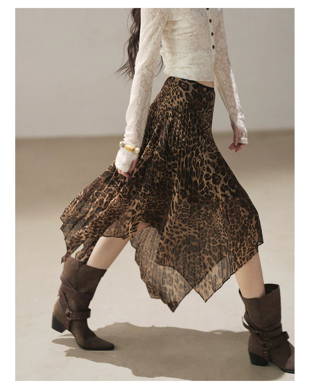 AOMALM - “Cocoa Leopard” Pleated Asymmetric Midi Skirt