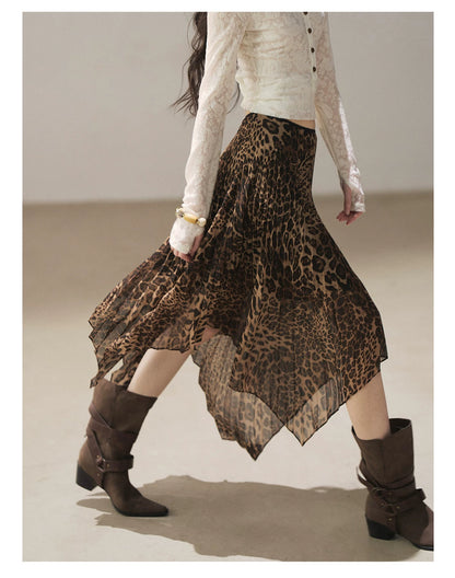 AOMALM - “Cocoa Leopard” Pleated Asymmetric Midi Skirt