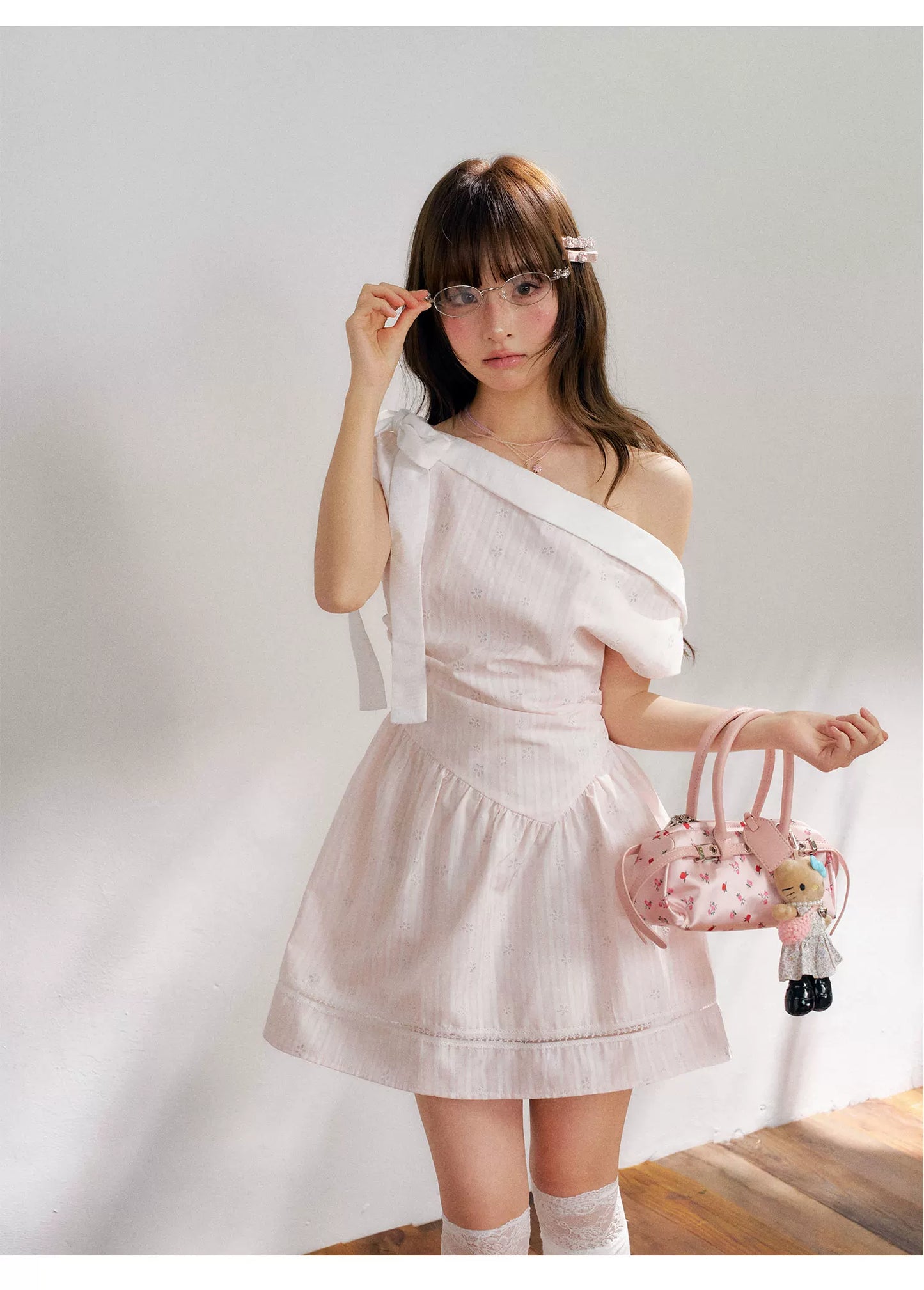 “Cloud Ballet Reverie” Blush Pink Off-Shoulder Dress
