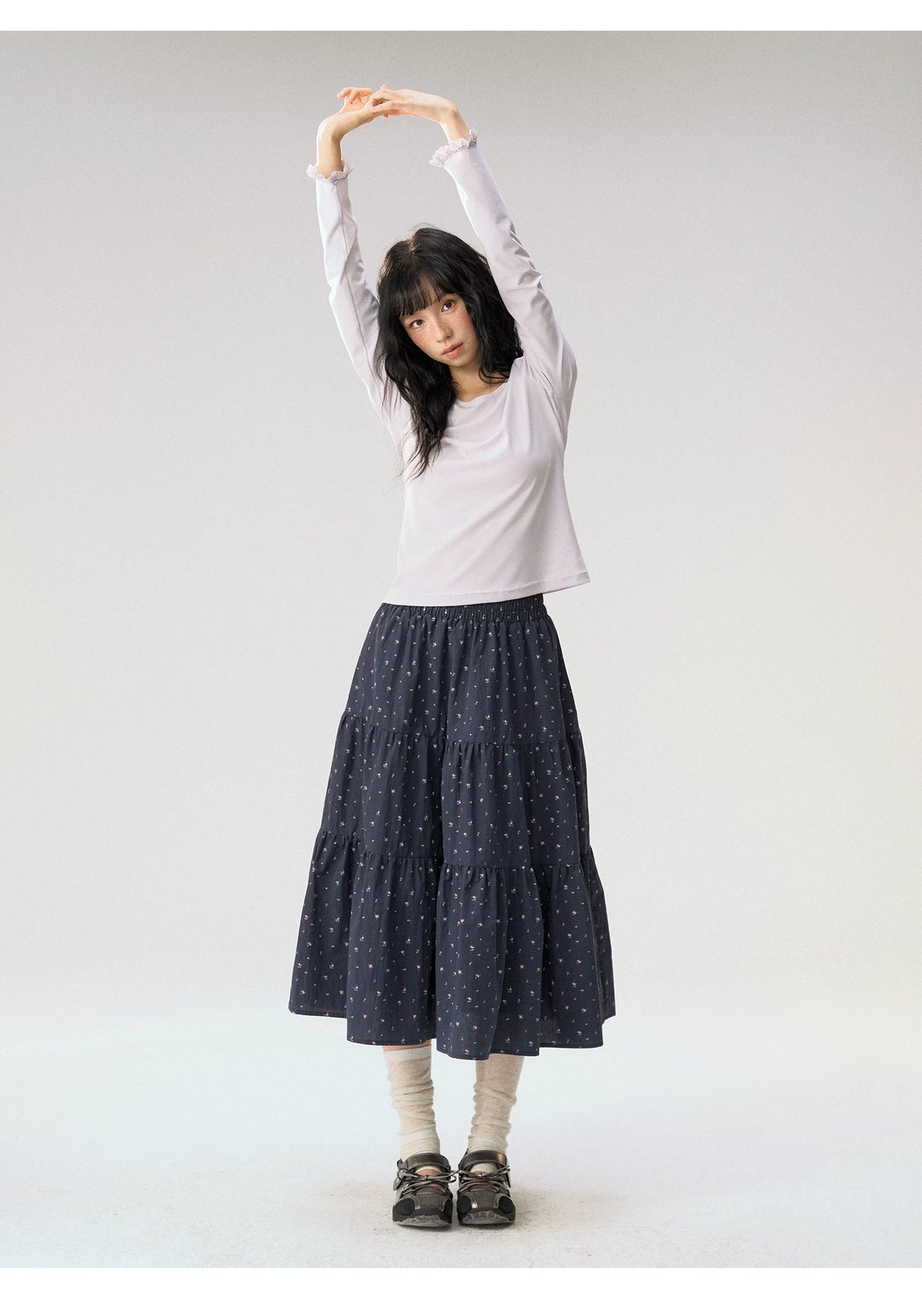 [CAN] “Rose in Bloom” Lavender Knit Cardigan & Floral Skirt 3-Piece Set