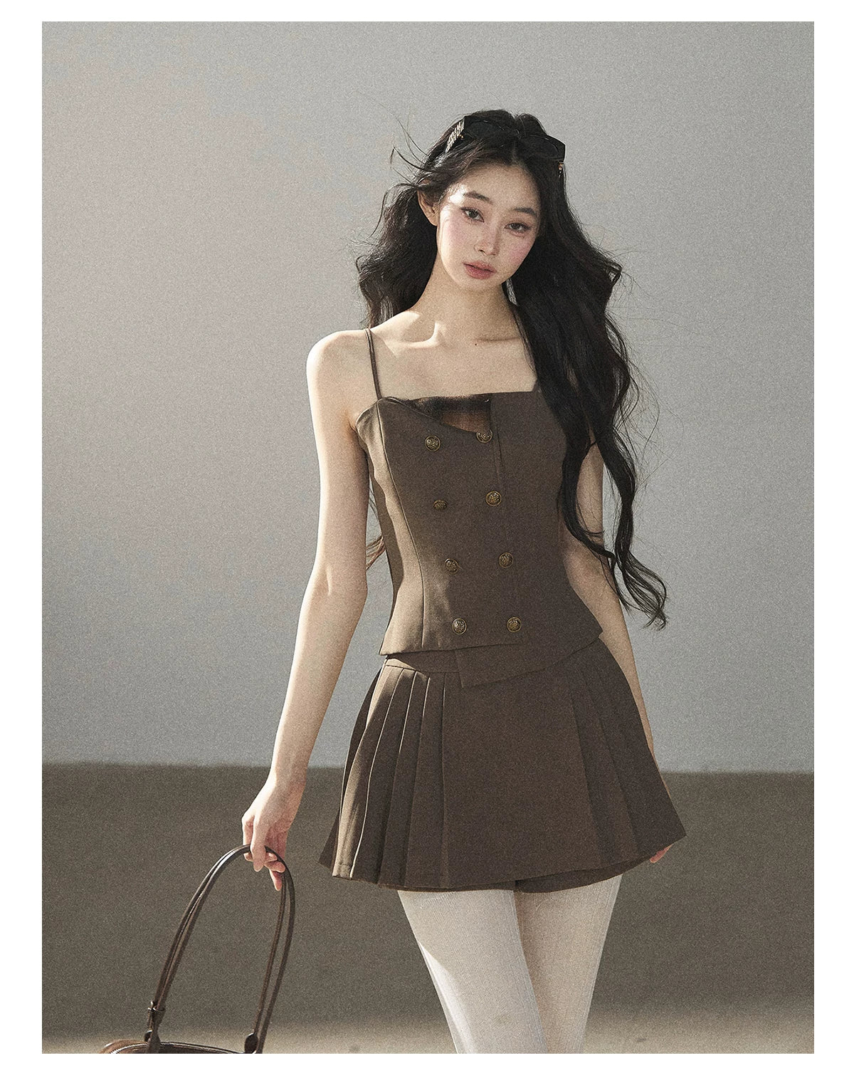 AOMALM - “Evening Breeze in the Valley” Chestnut Brown Blazer, Cami & Pleated Skort Set