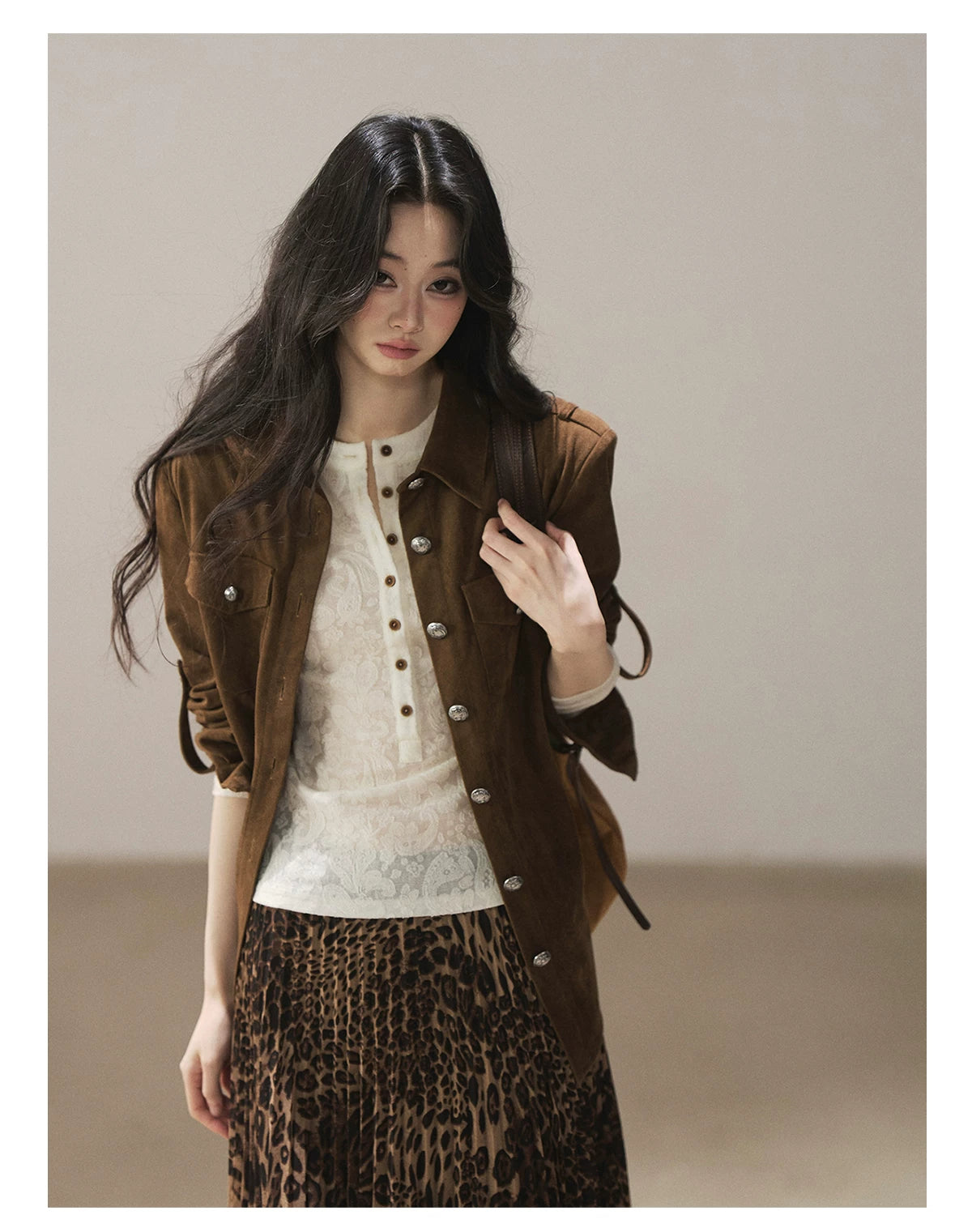 AOMALM - “Cocoa Leopard” Pleated Asymmetric Midi Skirt