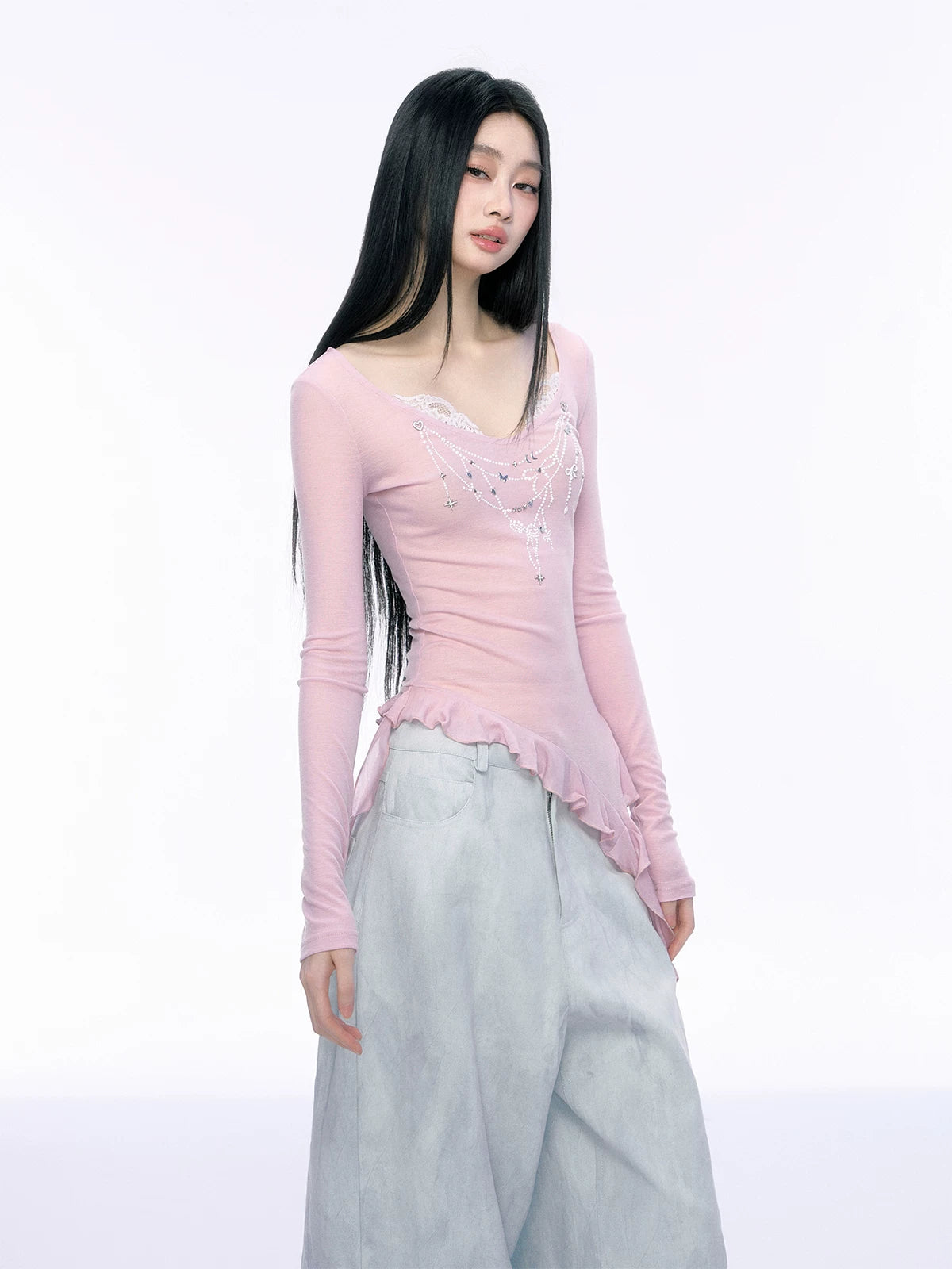 JN's DESIGN - Pink Lace Asymmetrical Top