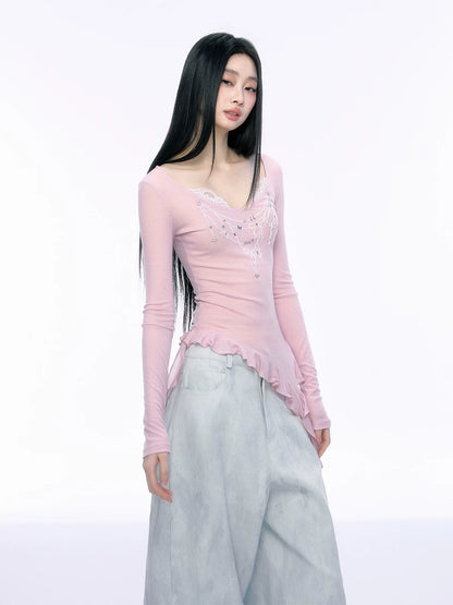 JN's DESIGN - Pink Lace Asymmetrical Top