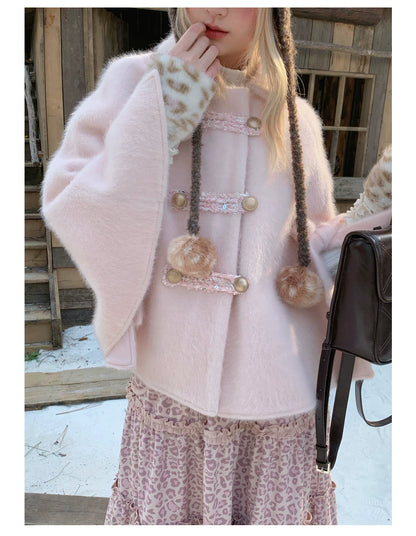 RF - Vintage Pink Fuzzy Cropped Cape Coat with Ribbon Buttons