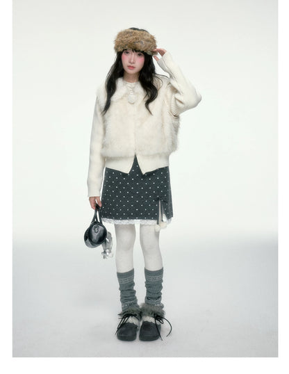 BIBIBENCY - Ivory Faux Fur Vest with Knit Sleeves
