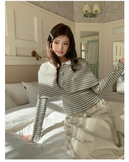 “Misty Sonata” Grey Layered Stripe Knit Top