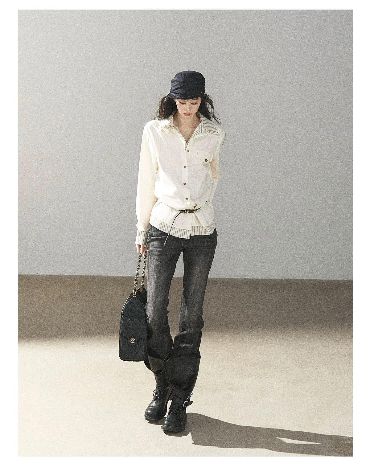 AOMALM - Cream White Stripe Belted Shirt Top
