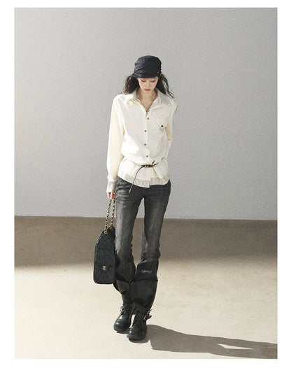 AOMALM - Cream White Stripe Belted Shirt Top