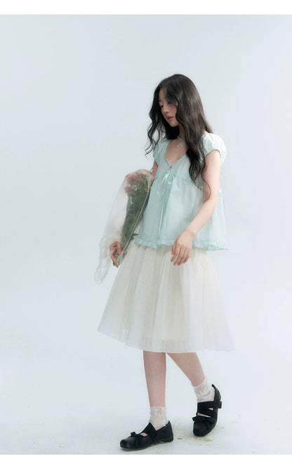 "Light Steps" Oat Apricot Pleated Lace Midi Skirt