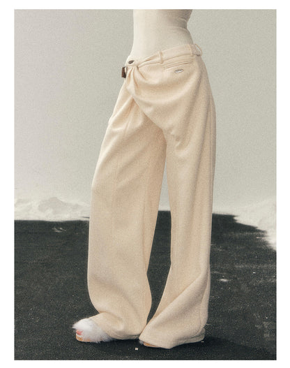 少也眼 “She Passes Through Winter” Fleece-Lined Wide-Leg Trousers with Belt Detail - Mother-of-Pearl Beige