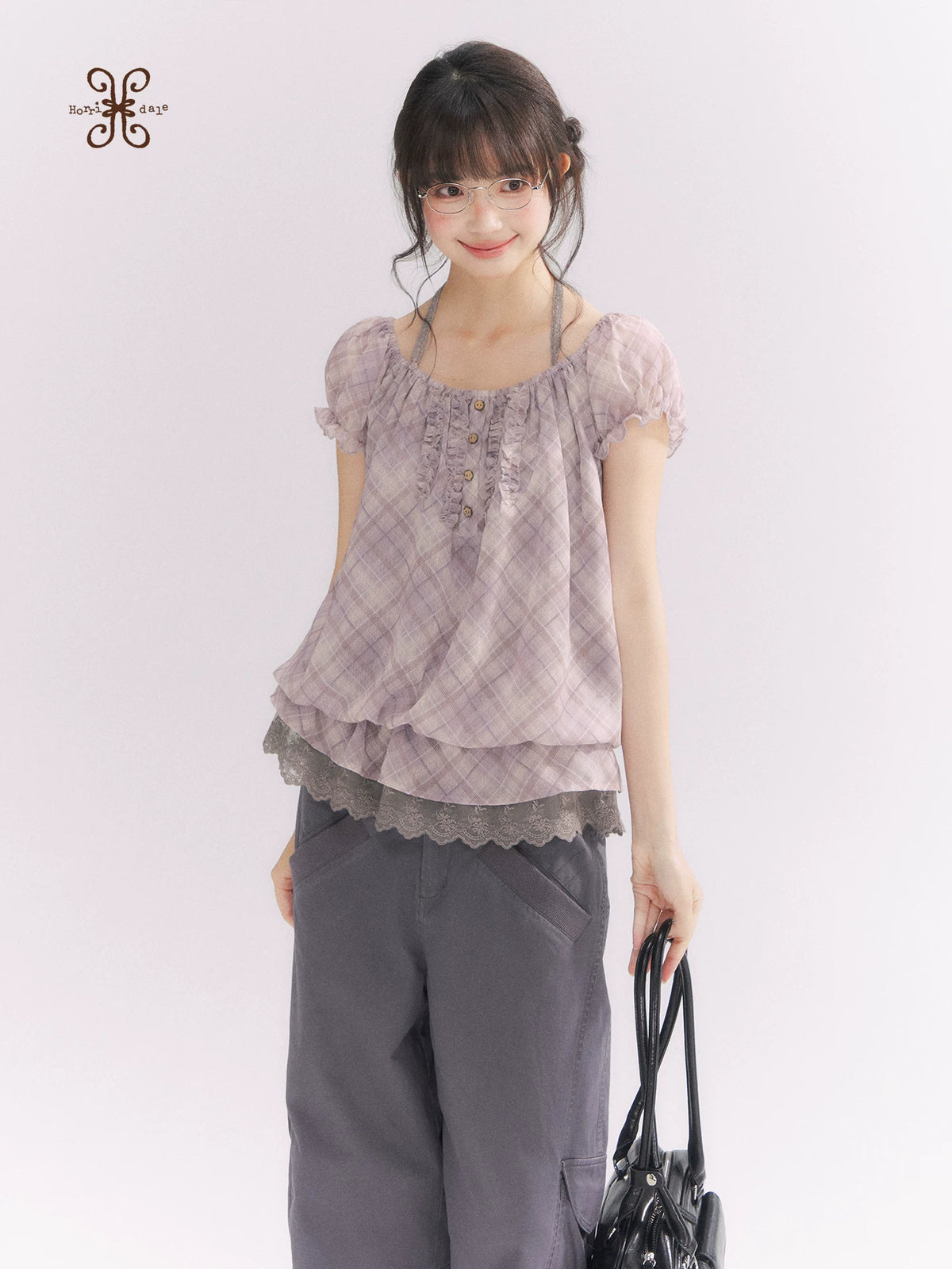 “Misty Plum Plaid” Gray-Purple Plaid Lace Trim Halter Top