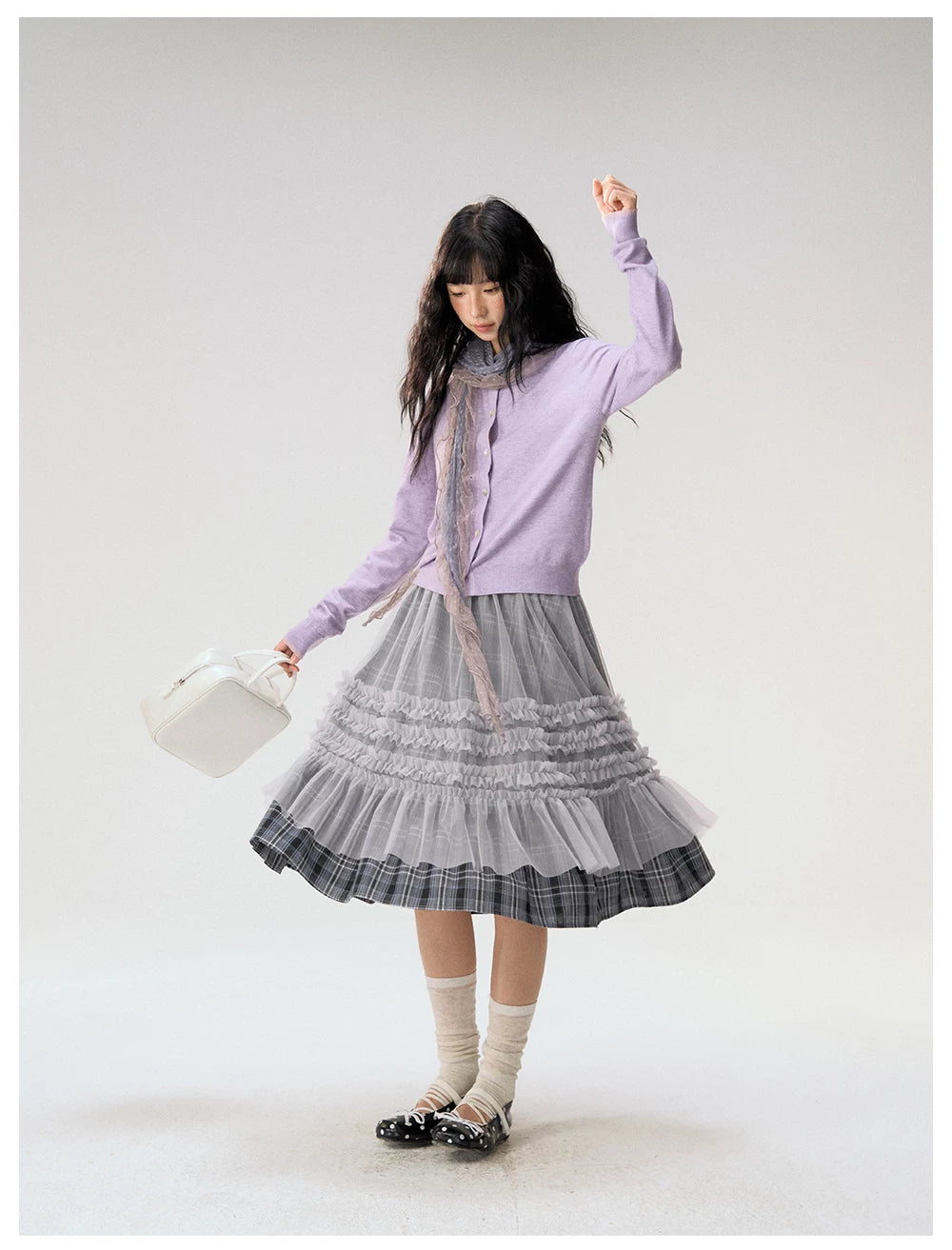 [CAN] "Gray Plaid Reverie" Gray Purple Plaid Mesh Layered Midi Skirt